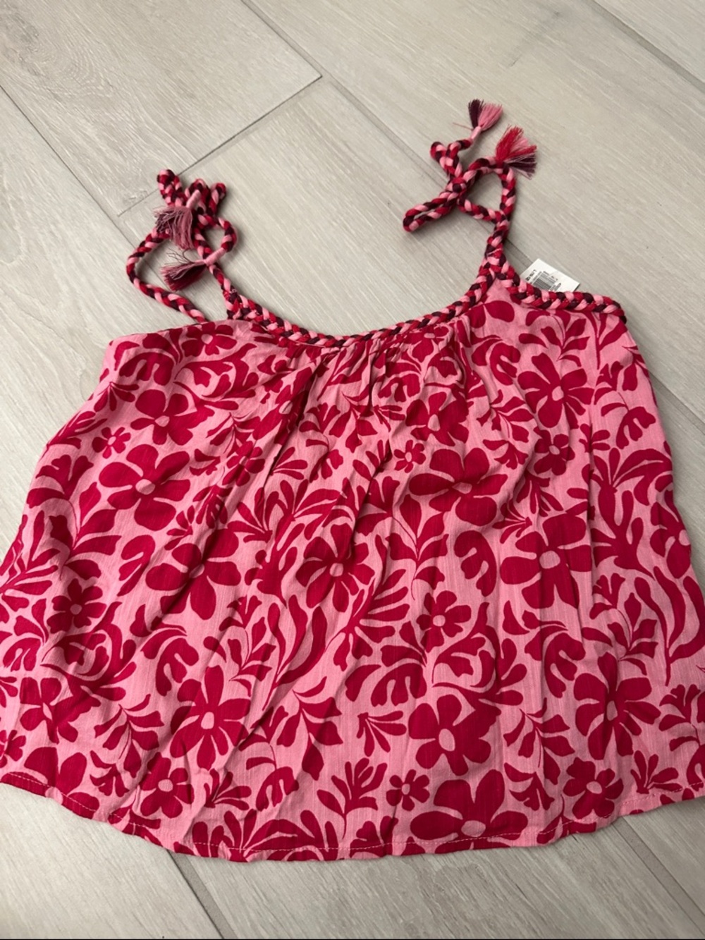 Old Navy Pink and Red Printed Top with Braided Ties. NWT Size L